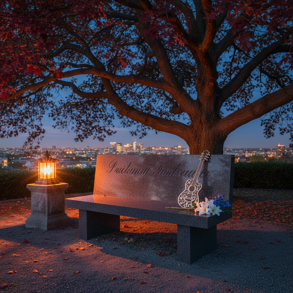 A peaceful outdoor memorial scene at twilight: a polished granite bench engraved with an elegant, unreadable inscription, set beneath a large maple tree whose branches stretch overhead. A guitar-shaped brass pendant rests on the bench beside a small arrangement of white and deep-blue flowers. The background reveals a softly blurred city skyline and faint distant lights. Cool blue ambient light from the fading sky mixes with the warm glow of a single nearby lantern, creating nuanced highlights on the stone and metal surfaces. Photographic realism, slightly wide-angle shot with balanced composition, evoking quiet reflection, dignity, and enduring remembrance.