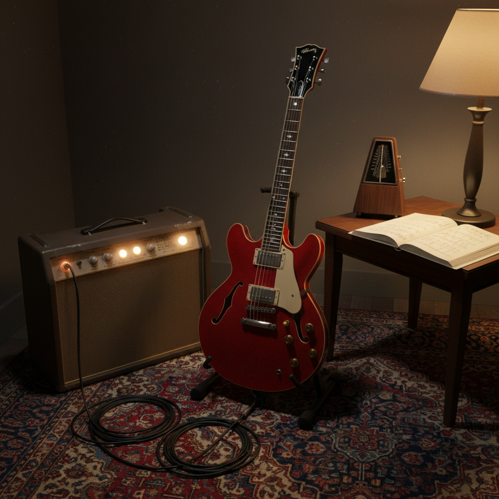 An evening scene of a softly lit music studio corner: a vintage tube amplifier with its amber pilot light glowing, a semi-hollow body guitar resting upright on a stand, and neatly coiled instrument cables on a Persian-style rug. A metronome and a small notebook with handwritten chord diagrams sit atop a dark wood side table. Warm lamp light from the right casts rich, gentle shadows and creates a cozy halo around metal tuning pegs and knobs. Photographic realism, eye-level composition with moderate depth of field, capturing an intimate, reverent atmosphere that suggests creativity, memory, and the lingering echo of songs once played.