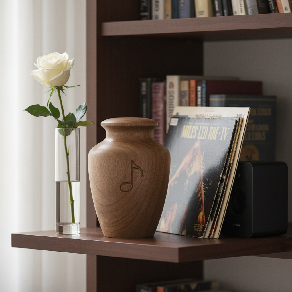 A close-up of an elegant memorial arrangement on a dark mahogany shelf: a simple carved wooden urn, a single white rose in a slim glass vase, and a small stack of classic jazz and rock vinyl records leaning casually against a matte-black speaker. The background fades into a softly blurred bookshelf filled with music biographies. Soft, diffused overcast light from an unseen window gives everything a quiet, even glow, with delicate highlights along the glass and vinyl edges. Photographic realism, shot from a slightly elevated angle with shallow depth of field, creating a serene, sophisticated tribute to a life lived through music.