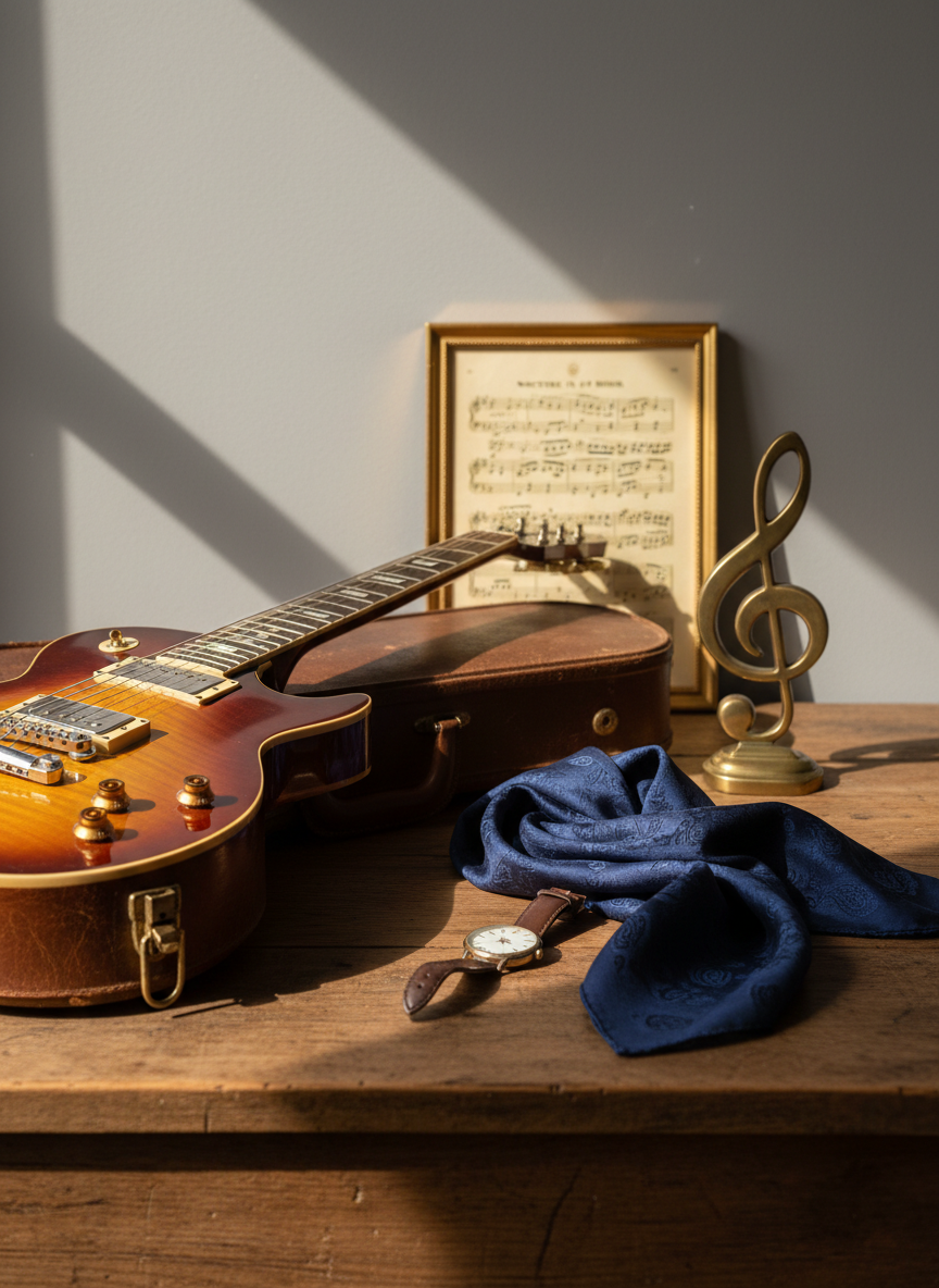 A neatly arranged wooden table displaying cherished mementos: a worn leather guitar case slightly open to show a sunburst electric guitar’s polished body, a folded navy-blue scarf, a vintage wristwatch, and a small brass treble clef ornament. Behind them, a framed sheet of yellowed music rests against a soft gray wall. Late afternoon window light washes in from the left, creating subtle reflections on metal surfaces and gentle shadows across the tabletop. Photographic realism, composed using the rule of thirds with a calm, elegant mood, evoking the presence and passions of a beloved musician without showing any people.